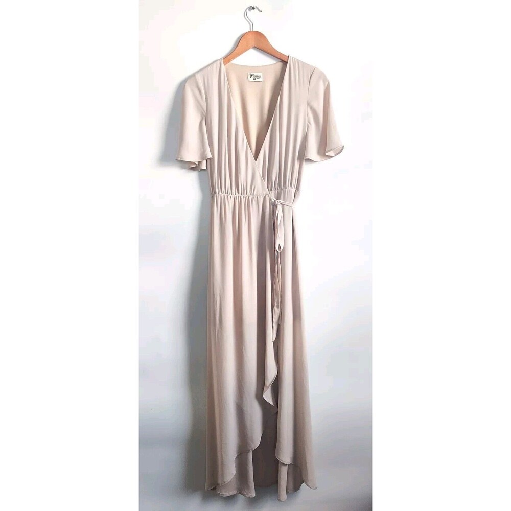 Show Me Your MuMu Sophia Wrap Dress Beige‎ Small Show Me The Ring Crisp Chiffon - Picture 2 of 14